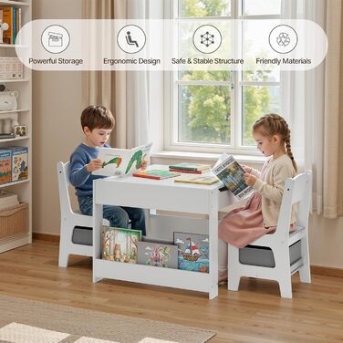 Дитячий стіл Xbro з 2 стільцями, дитячий стіл для малювання 4-в-1 з місцем для зберігання, багатофункціональний дерев&39яний дитячий комплект сидіння з книжковою полицею, для дітей віком від 3 років, 61,5 61,5 48 см, сірий