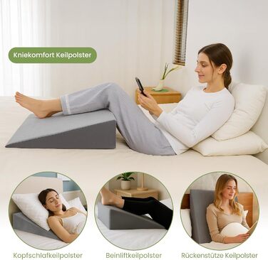 Преміальна клиноподібна подушка для ліжка та дивана 2-зонна система комфорту Подушка для рефлюксу та підняття сну Ергономічний клиноподібний матрац Подушка для читання, подушка для підтримки спини та подушка для ніг (сіра 80 см)