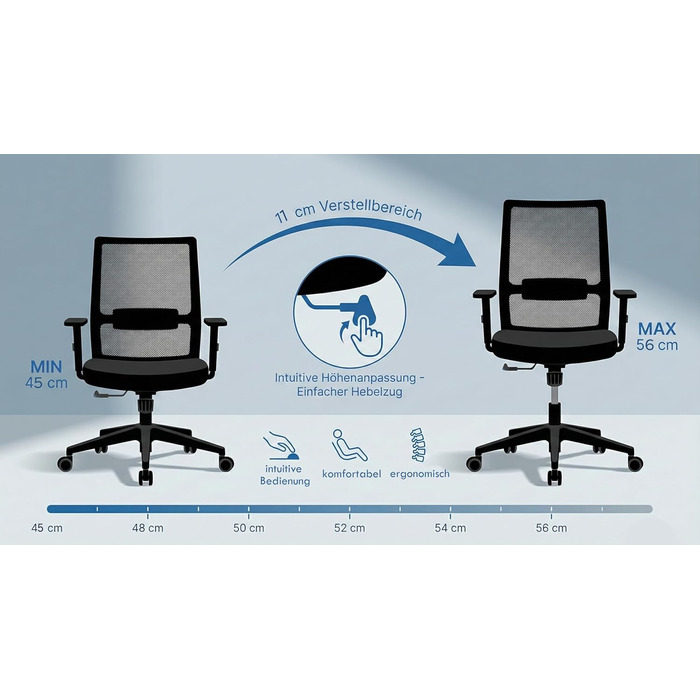 Офісний стілець Start для домашнього офісу та бізнесу, з багатьма ергономічними функціями, ергономічний та компактний, дуже простий у використанні, без підлокітників, вантажопідйомність до 125 кг