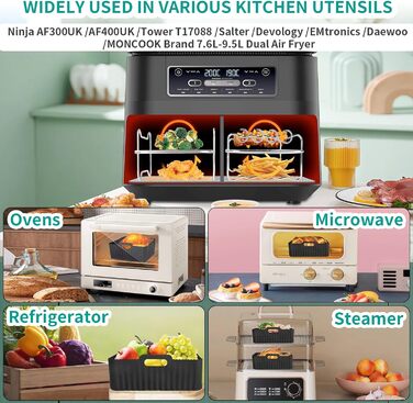 Аксесуари для фритюрниці, силіконові вкладиші для фритюрниці Ninja AF400EU AF300EU AF451EU AF500EU Tower T17088 7.6L-9.5L, 10 шт. Аксесуари для подвійної аерофритюрниці включають буклет посібника з кулінарії, чорний