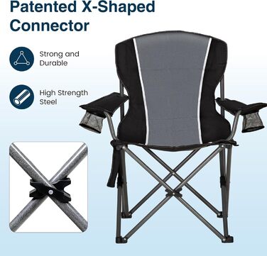 Складаний кемпінговий стілець HIGH POINT SPORTS, витримує до 160 кг, з підсклянниками, чорний