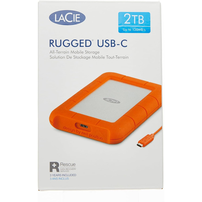 Зовнішній жорсткий диск LaCie Rugged USB-C 2TB Портативний жорсткий диск - сумісний з USB 3.0, стійкий до падінь, пилу та дощу, для Mac та ПК, настільний комп'ютер, робоча станція, ноутбук, 1 місяць Adobe CC (STFR2000800) 2TB HDD