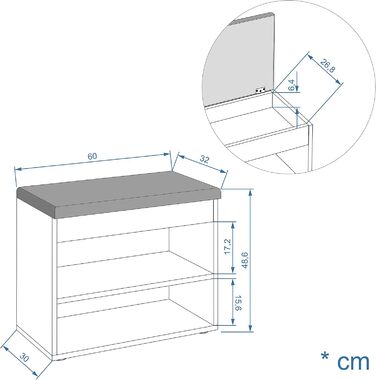 Лавка для взуття KOMTO з сидінням - Стелаж для взуття, лавка з місцем для зберігання, біла 60 x 48 x 32 см, Маленька шафка для взуття з лавкою, лавка для коридору, гардеробна лавка, Софія, біла Оббивка сіра 60 x 48 x 32 см