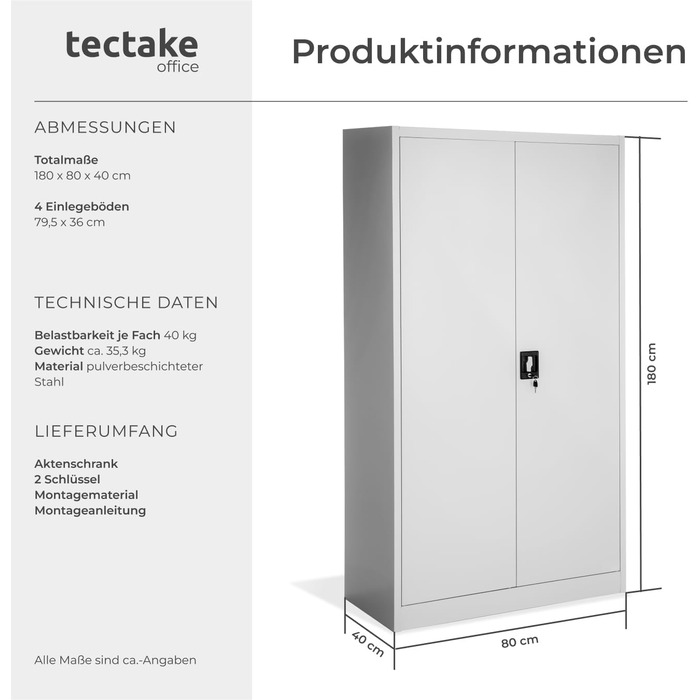 Картотечна шафа tectake, офісна шафа, що замикається, багатоцільова сталева шафа, універсальна шафа з 2 дверима, включаючи 3 полиці з регульованою висотою, картотечна шафа, що замикається, 180x80x40 см - сіра