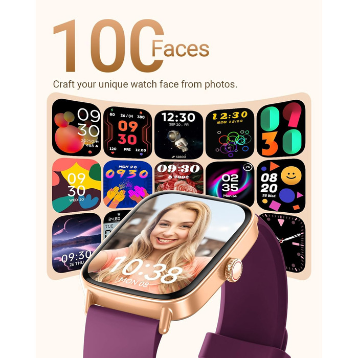 Розумний годинник для чоловіків та жінок з функцією телефону, фітнес-годинник 1,85 дюйма, понад 100 спортивних режимів, фітнес-трекер з моніторингом серцевого ритму/SpO2/сну, крокомір, водонепроникний спортивний годинник IP68 для iOS та Android, фіолетови