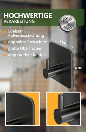 Рушникосушка 4smile без свердління, комплект з 6 шт. - Чорні гачки для рушників у ванній кімнаті як практичні клейкі гачки - Висок