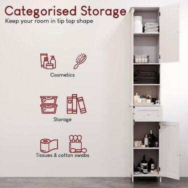 Висока шафа для ванної кімнати Vida Priano з дзеркалом, шафа для зберігання речей, висока підлогова шафа, білий колір Milano, висока біла