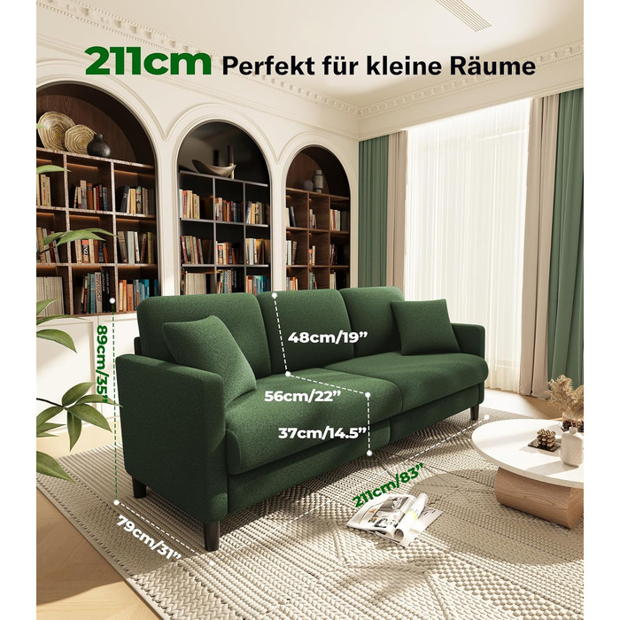 Місний диван 211 см, Зручні 3-місні дивани, Диван-канапа з флісу Тедді, Дивани для вітальні, що збираються без інструментів, 3-місний диван з масиву дерева, Невеликий диван з 2 подушками в комплекті, Зелений 211 см, 3-