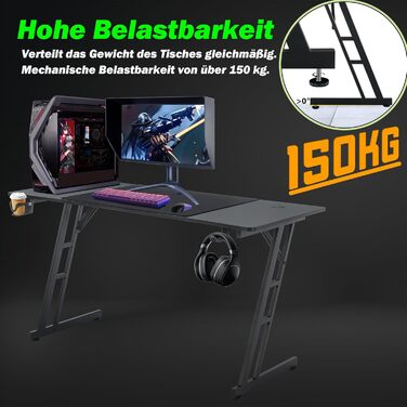 Ігровий стіл Froadp 120x60 см Z-подібний ігровий стіл для ПК, чорний, з вуглецевого волокна, ергономічний комп&39ютерний стіл з підставкою для чашок та гачками для навушників, вантажопідйомність 150 кг, 120 см, без світлодіодного підсвічування
