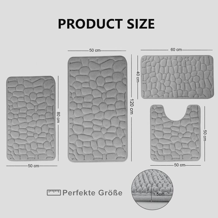 Комплект килимків для ванної, 4 предмети, нековзний, килимок для ванної, що прається, килимок для ванної з піни з ефектом пам&39яті, сірий килимок для ванної, килимок для ванної 50x80 см, 50x120 см, 50x50 см, 60x40 см