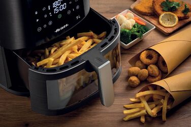 Аерофритюрниця Ariete 4630, 9 л, 1500 Вт, 8 програм, функція гриля, до 3,5 кг продуктів, температура до 200 C, прозорий кошик, чорна