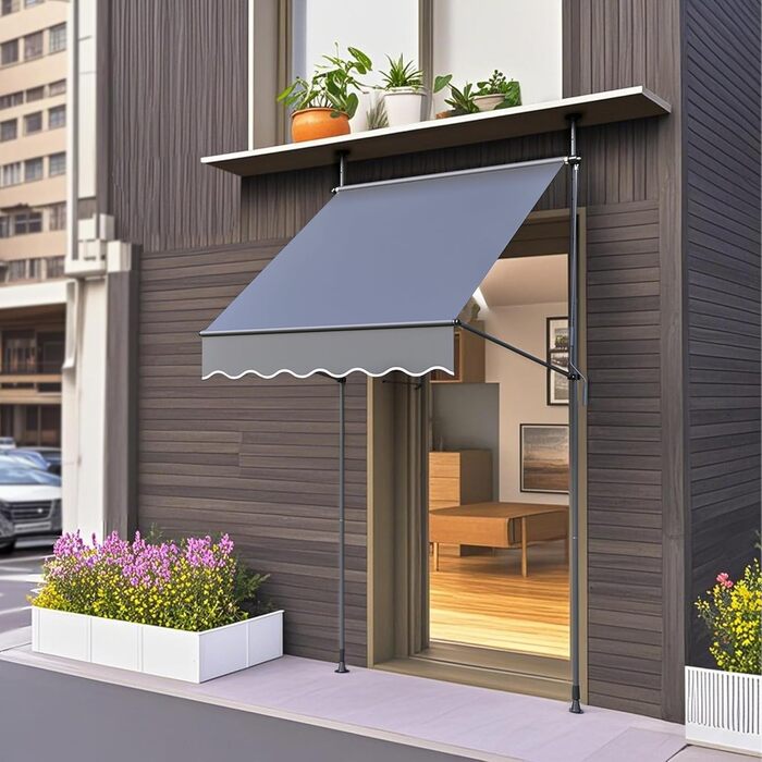 Тент з кріпленням на затискачі та ручним приводом, ширина 150 см, балконний тент з ручним регулюванням висоти без свердління, захист від ультрафіолету, сонцезахисний козирок, водонепроникний для використання на вулиці, для патіо, балкону, саду, антрацит