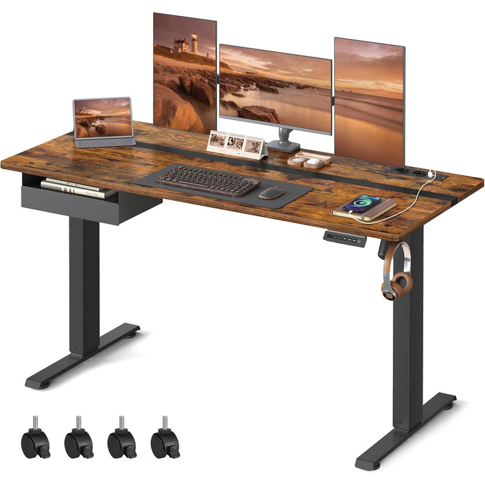 Електричний стіл VASAGLE з регульованою висотою, розеткою та шухлядою, 60 x 140 см, плавне регулювання висоти, функція пам&39яті з 4 висотами, вінтажний коричнево-чорний LSD114X01 140 x 60 см, вінтажний коричневий чорний