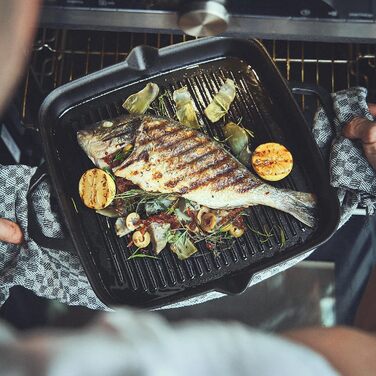 Чавунна сковорода-гриль BURNHARD, квадратна 26 см, попередньо приправлена, сковорода для стейків для газового гриля, духовки, вогн