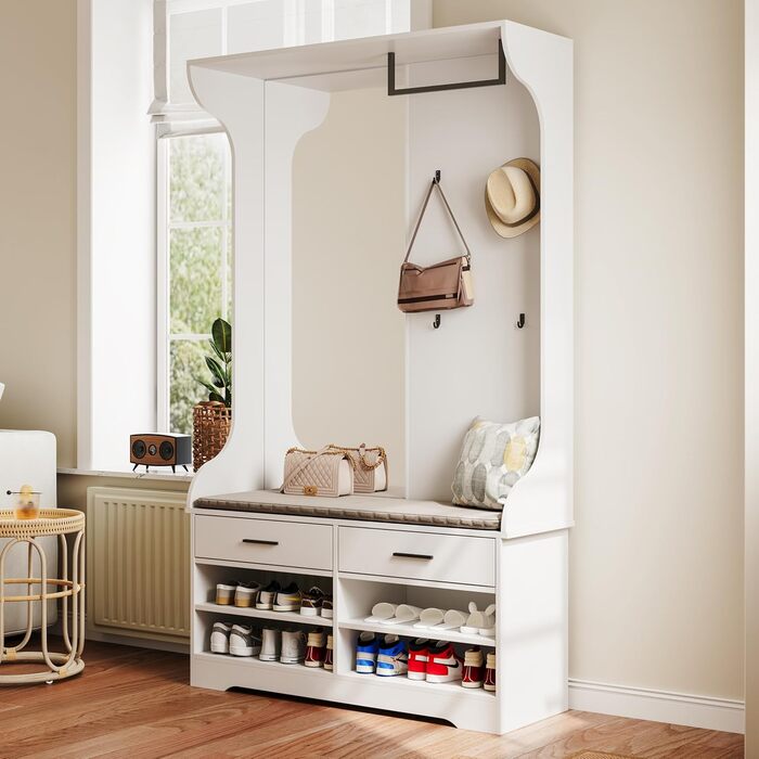 Вішалка для одягу з лавкою для взуття та дзеркалом, сучасна вішалка для одягу з гачками та підставкою для одягу, шафа для передпокою з функцією взуттєвої шафи та 2 шухлядами для вітальні (104x35x180 см)
