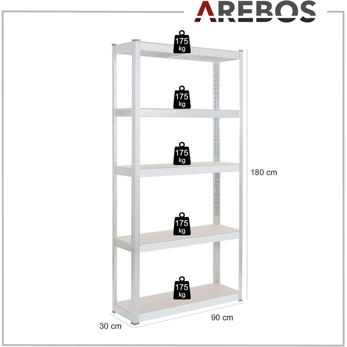 Надміцний стелаж Arebos, комплект з 2 шт. 180x90x30 см Вантажопідйомність 875 кг 5 полиць з МДФ Легке складання за допомогою вставної системи Оцинкований сріблястий колір
