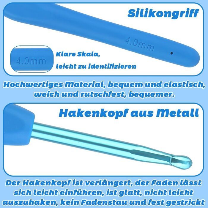 Набір гачків для вязання, ергономічний гачок 4,0 мм із захистом від ковзання, набір голок для вязання гачків, алюміній, мяка гумова рукоятка для рук, які страждають від артриту Досвідчені любителі вязання гачком