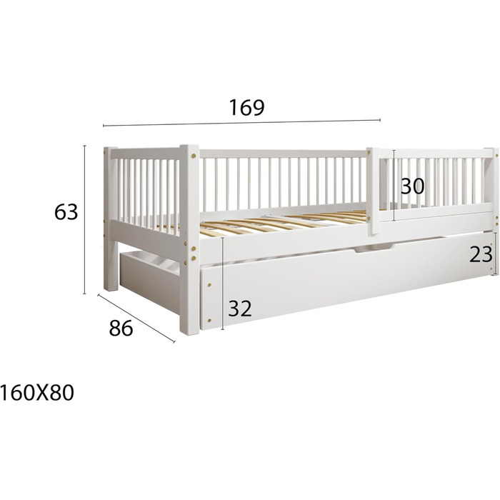 Дитяче ліжко 80x160 з шухлядою - Нефарбоване дерев&39яне ліжко - Односпальне ліжко для дітей з рейковою основою та знімними захисними поручнями - Вантажопідйомність до 100 кг - виготовлено з сосни 1 класу 80x160 Нефарбована деревина