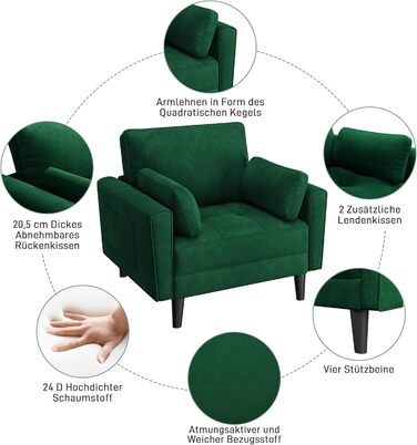 Одномісний диван Yaheetech, двомісний диван, невеликий диван з 2 подушками та підлокітниками, сучасний лляний диван-кутник, комплект диванів для вітальні, зелена оксамитова тканина