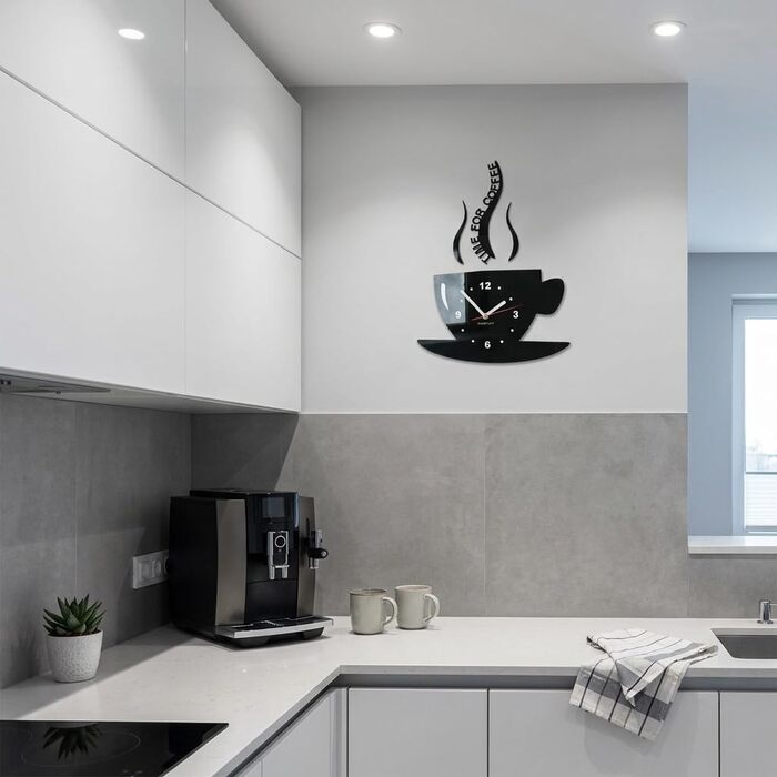 Настінний годинник FLEXISTYLE Tasse Zeit fr Kaffee для сучасної кухні, чорний, 3D римські цифри, декор, 32 x 19 см