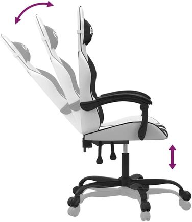 Геймерське крісло, біла та чорна штучна шкіра, з регульованою спинкою та висотою, офісне крісло з поворотом на 360 градусів, коліщатками та міцним металевим каркасом для ергономічного сидіння, 36,5 x 42 см (Ш x Г), білий колір