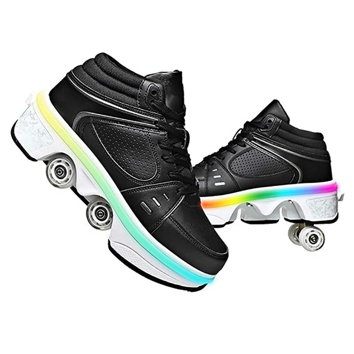 Роликові ковзани для хлопчиків та дівчаток, скейтборд взуття зі світлодіодними миготливими вогнями, 4-колесне автоматичне висувне, зручне спортивне взуття для дітей та дорослих, чорне, розмір 35 EU