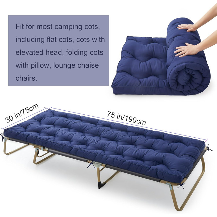 Матрац для кемпінгу (190 x 75 см), бавовняний килимок для похідного ліжка, стьобаний килимок для сну для кемпінгу, килимок для сну, бавовняний килимок для сну, що згортається та складається, портативний темно-синій