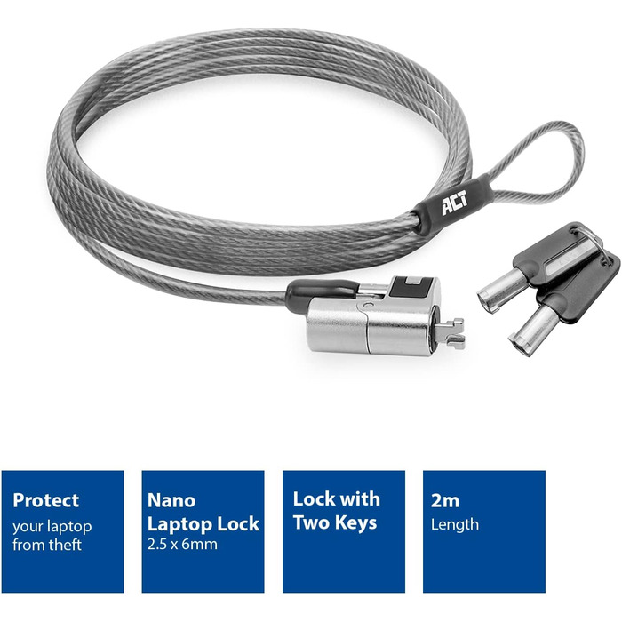 Замок-кабель для ноутбука ACT Schloss, 2м, з ключем, для Nano Slot, поворотна головка, портативний захист від крадіжки - AC9030