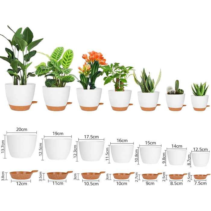 Квітковий горщик CSYY, набір із 7 пластикових квіткових горщиків із системою поливу, 20,3/19/17,7/16,5/15,2/14/12,7 см, самополивний горщик для рослин із блюдцем, для використання в приміщенні та на вулиці, білий, 7 предметів