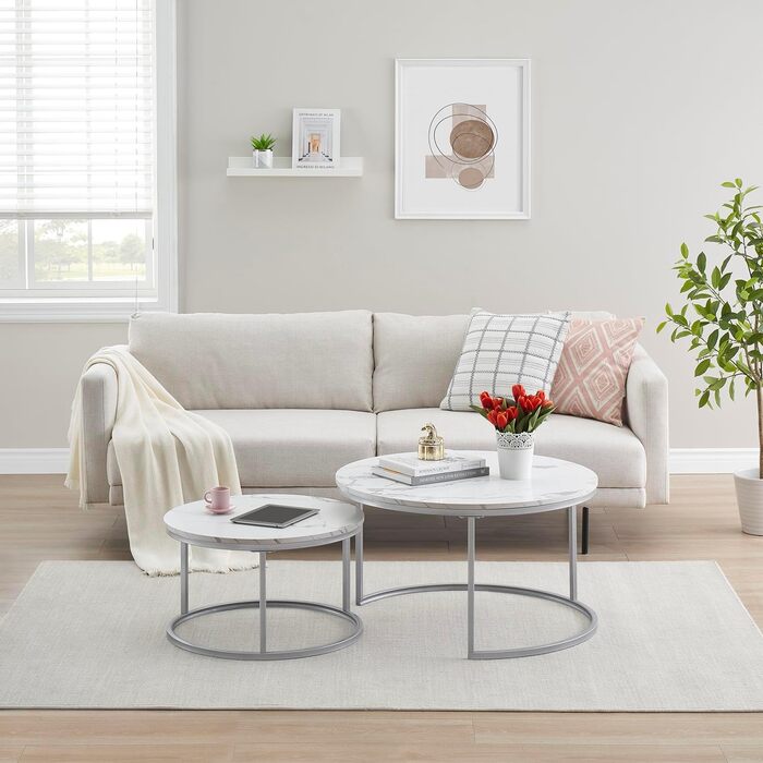 Круглий журнальний столик з мармуру Hitsuki, білий столик для вітальні, комплект із 2 круглих журнальних столиків, срібний бічний столик з металевим каркасом, столик для вітальні, білий мармур та срібний журнальний столик