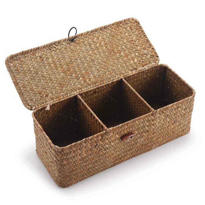 Кошик для зберігання з морської трави з кришкою, плетений кошик для зберігання у ванну кімнату, плетена скринька для зберігання у ванній кімнаті з 3 відділеннями (33 x 13 x 11 см)