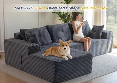Модульний диван та шезлонг MAXYOYO, диван Cloud без кісток, кутовий диван на 3-4 місця з регульованим положенням ліворуч/праворуч, вельветова оббивка, великий L-подібний розкладний диван для вітальні, складання не потрібне, сірий шезлонг ліворуч
