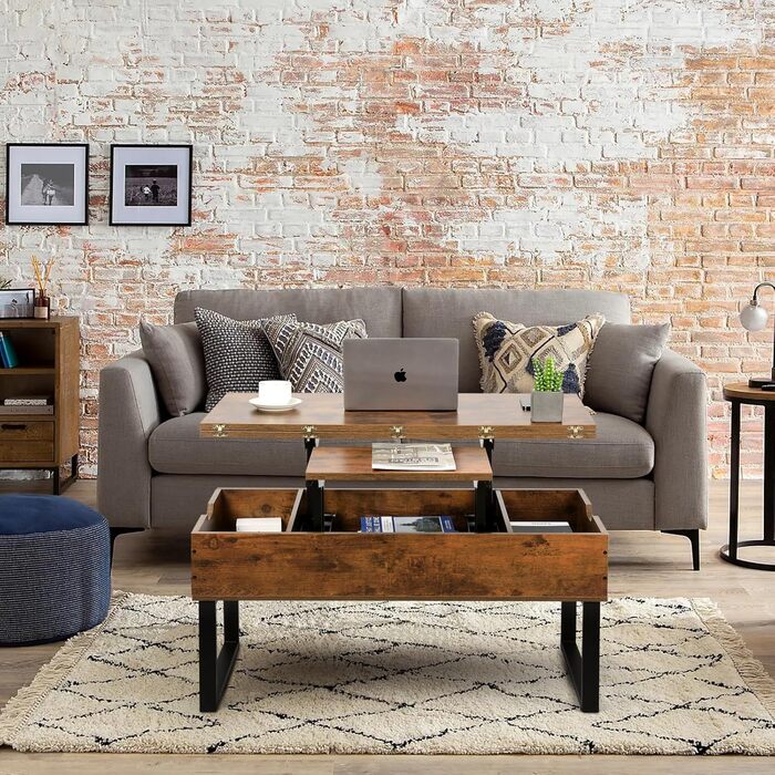 Журнальний столик VOWNER з регульованою висотою, багатофункціональний стіл для вітальні 3-в-1 з прихованим місцем для зберігання, який трансформується у обідній стіл для вітальні, колір вінтажного коричневого