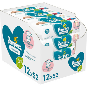 Дитячі вологі серветки Pampers Sensitive Baby, 1200 серветок (15 x 80) для чутливої дитячої шкіри, дерматологічно протестовані, початковий набір для новонароджених, 80 шт. (15 упаковок) (624 шт. и (1 упаковка))