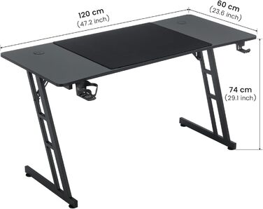Ігровий стіл, ігровий стіл 120x60 см, комп&39ютерний стіл з підставкою для чашок та гачками для навушників, ергономічний ігровий стіл, Z-подібний ігровий стіл для дому та офісу