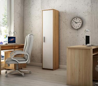 Вузька шафа MATKAM для спальні - Багатоцільова шафа Ш40 В182 Г35 см - Вузька полиця з дверима - Шафа з 4 полицями - Універсальна шафа для спальні, вітальні, офісу - Дуб Сонома/Білий Дуб Сонома Фасадна частина білого кольору