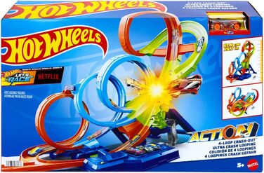 Іграшковий трек Hot Wheels з 4-ма петлями, 3-смуговою зоною зіткнення та прискорювачем на батарейках, складається для зберігання,