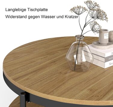 Круглий дерев&39яний журнальний столик Manora, маленький круглий столик для вітальні 80 см, диван-столик з 2 рівнями зберігання, під дуб, металеві ніжки зі сталевим каркасом (світлий дуб), сучасний дуб