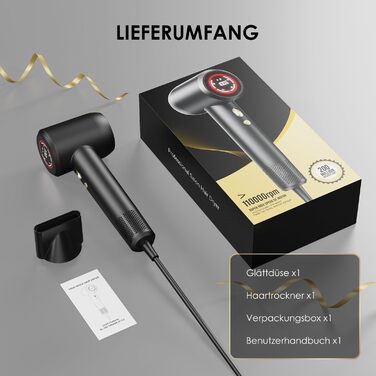Іонний фен для волосся GLAM 1600W з LED-дисплеєм, 4 температурні та 2 швидкісні режими, швидке сушіння, антифриз-ефект, професійний низькошумний фен для жінок та чоловіків з насадкою для стайлінгу