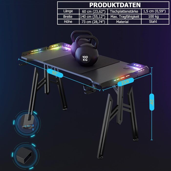 Ігровий стіл Ергономічний ігровий стіл зі світлодіодним підсвічуванням Чорний ігровий ПК стіл з вуглецевого волокна з підсклянником та гачком для навушників 140 x 60 x 73 см M ніжки 140 x 60 x 73 см M ніжки - зі світлодіодним підсвічуванням