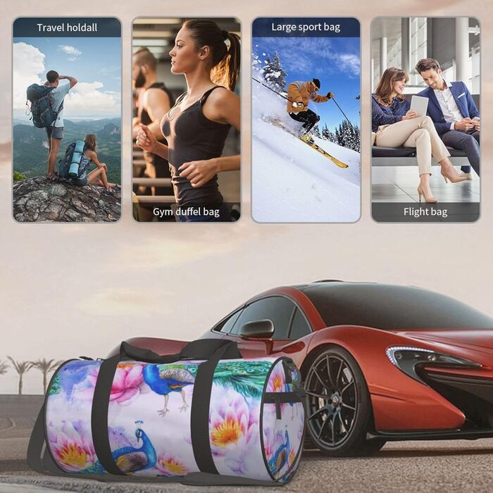 Спортивна сумка для подорожей, стильна з принтом павича та лотоса, дорожня сумка на ніч, чорна, універсальний розмір