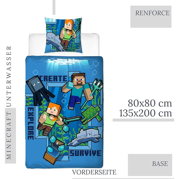 Постільна білизна Minecraft дитяча постільна білизна молодіжна постільна білизна 135х200 - підводний світ - двосторонній мотив - н