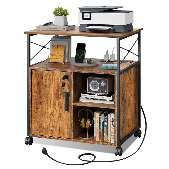 Стіл для принтера DEVAISE із зарядною станцією, мобільна підставка з колесами та відкритими полицями, шафа для принтера, що замикається, для офісу та домашнього офісу, ретро-коричневий