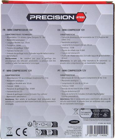 Міні-компресор PRECISION STEEL, 12 В, 8 бар, Presta-Bits, Schrader, голка