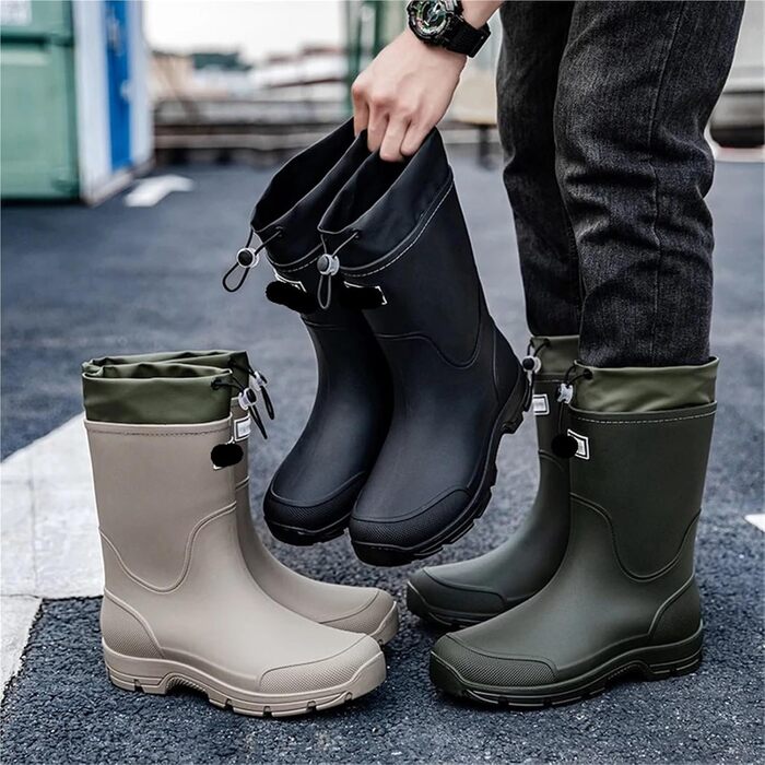 Чоловічі високі гумові чоботи, до середини литки, модні, нековзні, для використання на свіжому повітрі. Легкі та водонепроникні. Чорні, розмір EU 37