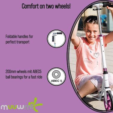Алюмінієвий самокат muuwmi - самокат-кік, 200 мм, ABEC 5, GS-тест, регульований по висоті, дека XL, рожево-бірюзовий