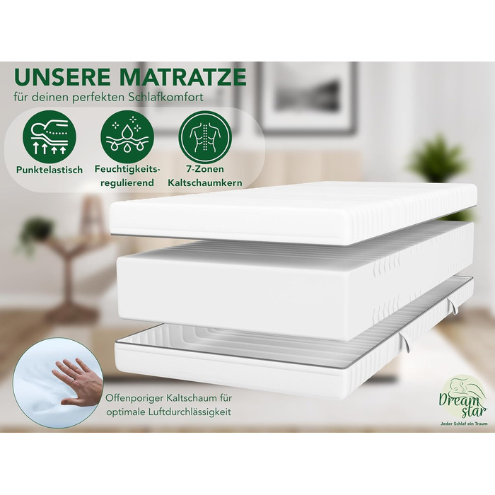 Матрац DREAMSTAR Vital Silver XXL з холодної піни, висота 24 см Ергономічний 7-зонний матрац, 140 x 200 см, рівень жорсткості H2 Гіпоалергенний та антибактеріальний Знімний чохол, який можна прати Сертифіковано Oeko-Tex (24 см, 140 x 200 см) рівень жорстк