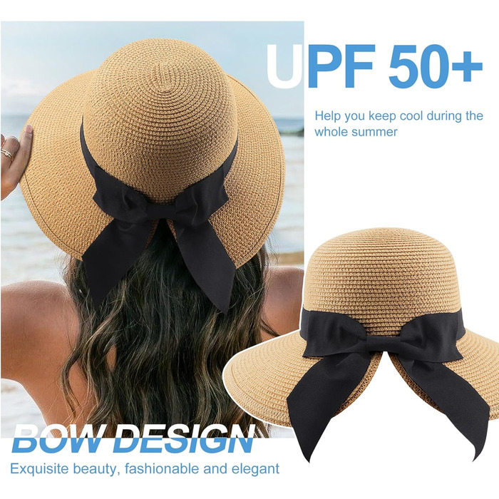 Жіночий сонцезахисний капелюх, дорожній, складний пляжний сонцезахисний капелюх Fedora, літній солом&39яний капелюх із широкими полями та бантом, захист від сонця UPF 50, 1 упаковка, солом&39яний капелюх із бантом хакі