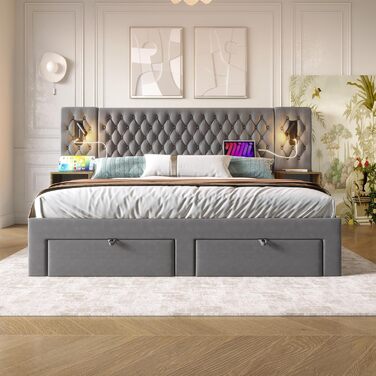 Двоспальний комплект ліжка 180 x 200 см з 2 тумбочками та 4 шухлядами, узголів&39ям зі світлодіодним підсвічуванням та функцією зарядки через USB - повний спальний гарнітур, оксамит, без матраца 180x200 сірий B