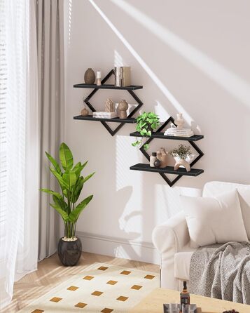 Настінна полиця, комплект з 2 шт., плаваюча полиця, 2-рівневі підвісні полиці, для вітальні, спальні, кухні, офісу, чорна DTBJ01P2BB 2 Чорний